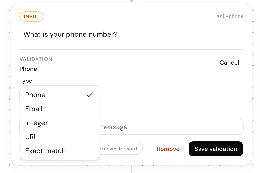 The validation type selector open on an input node