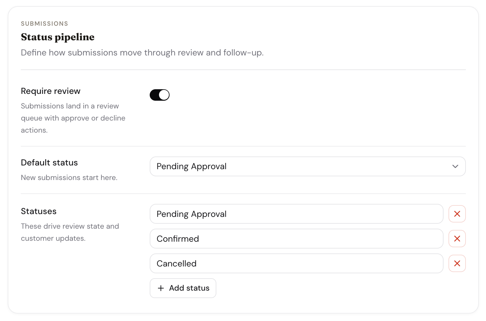 The review pipeline and statuses section inside the Configure tab