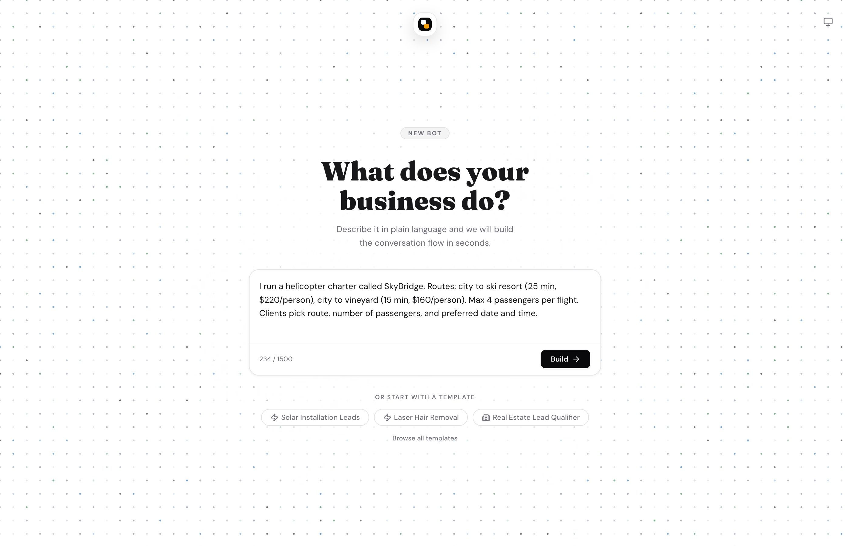 The Build page with a prompt description ready to generate a first draft