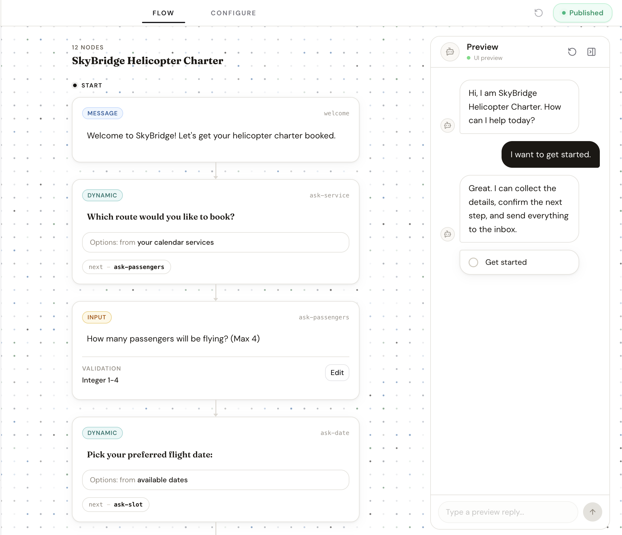 The generated flow canvas showing nodes and conversation paths