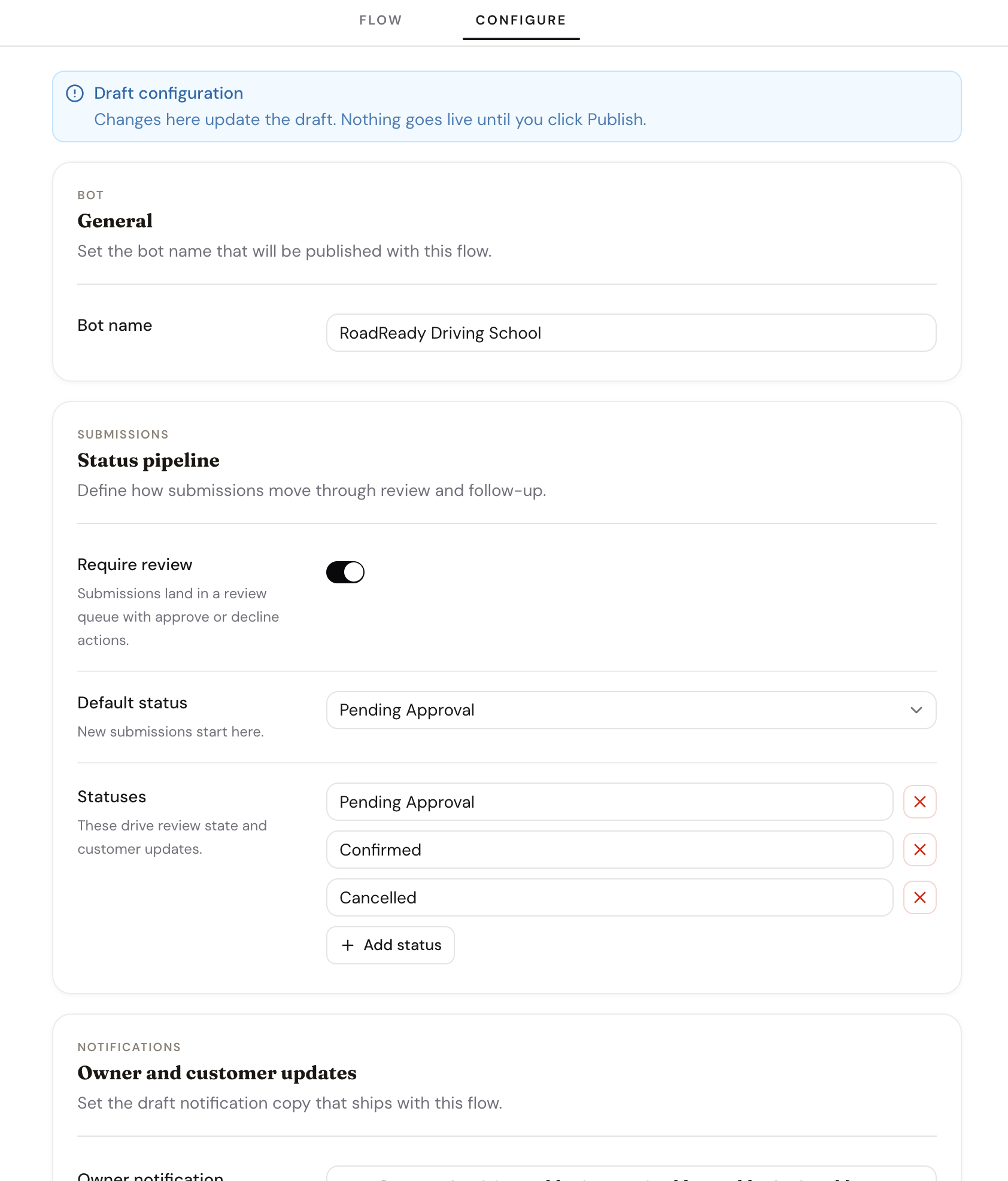 The Configure tab showing bot name, review pipeline, and notification settings