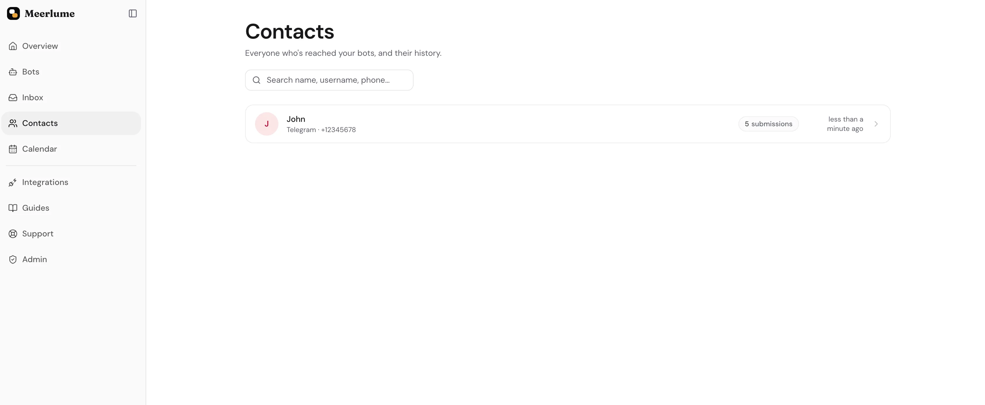 The contacts list with search and per-contact submission counts