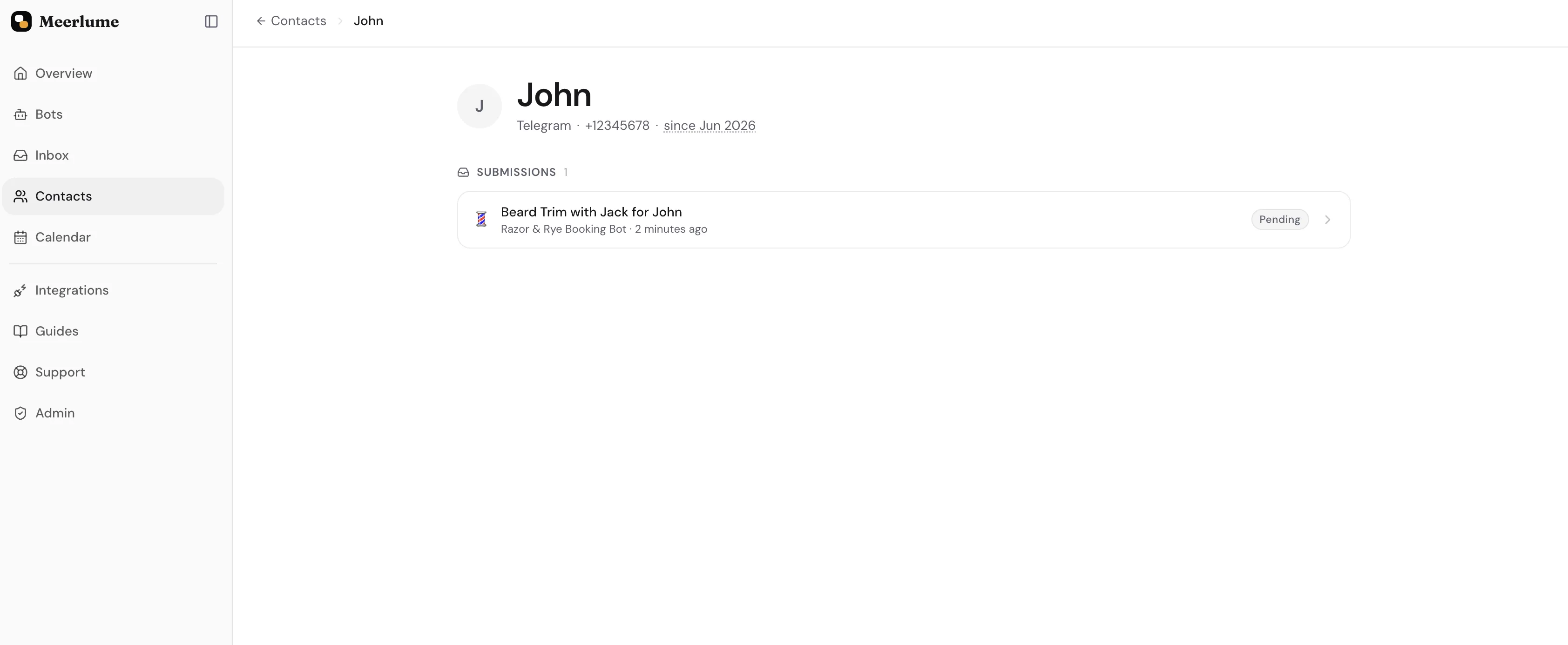 A contact open showing their submissions and bookings history