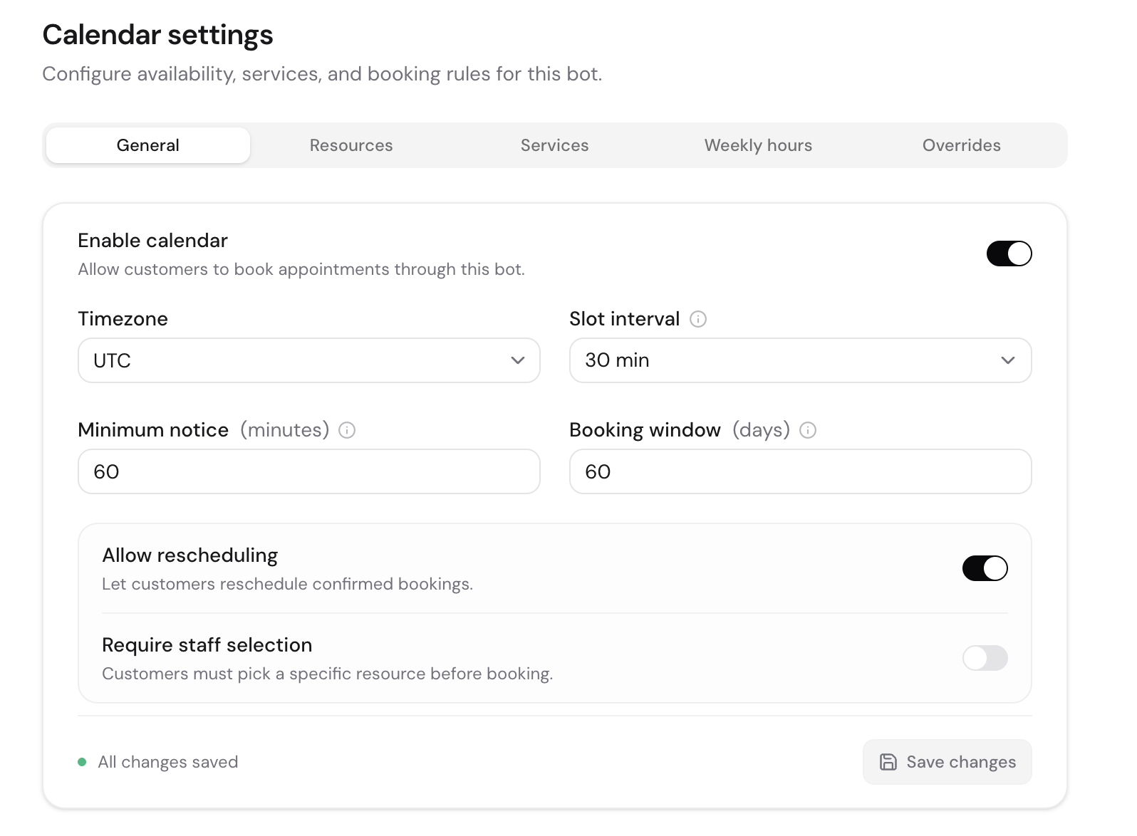 The General tab with the calendar enabled and core settings configured