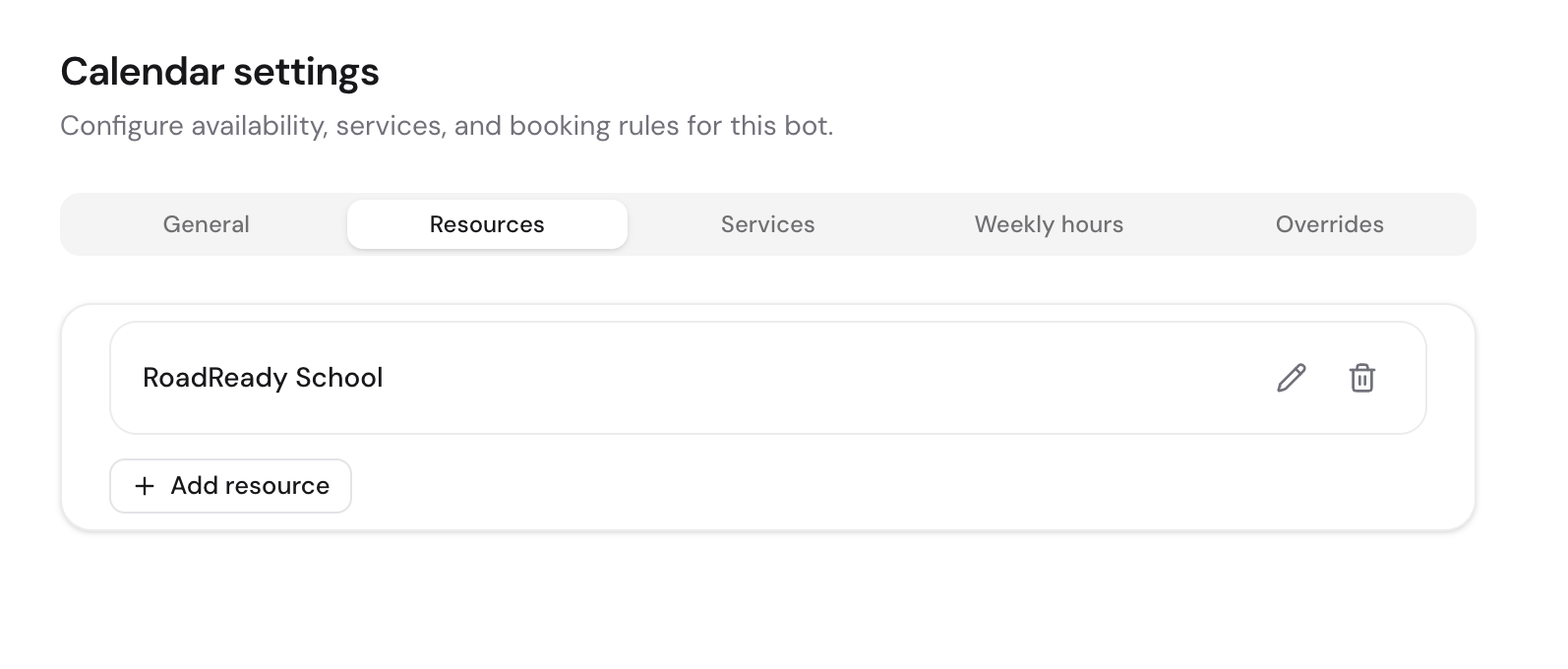 The Resources tab listing bookable resources