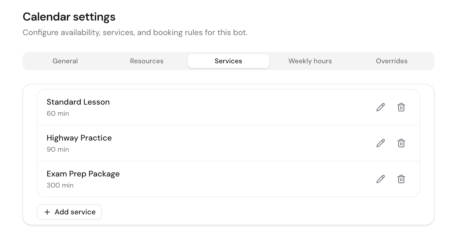 The Services tab with the service editor open