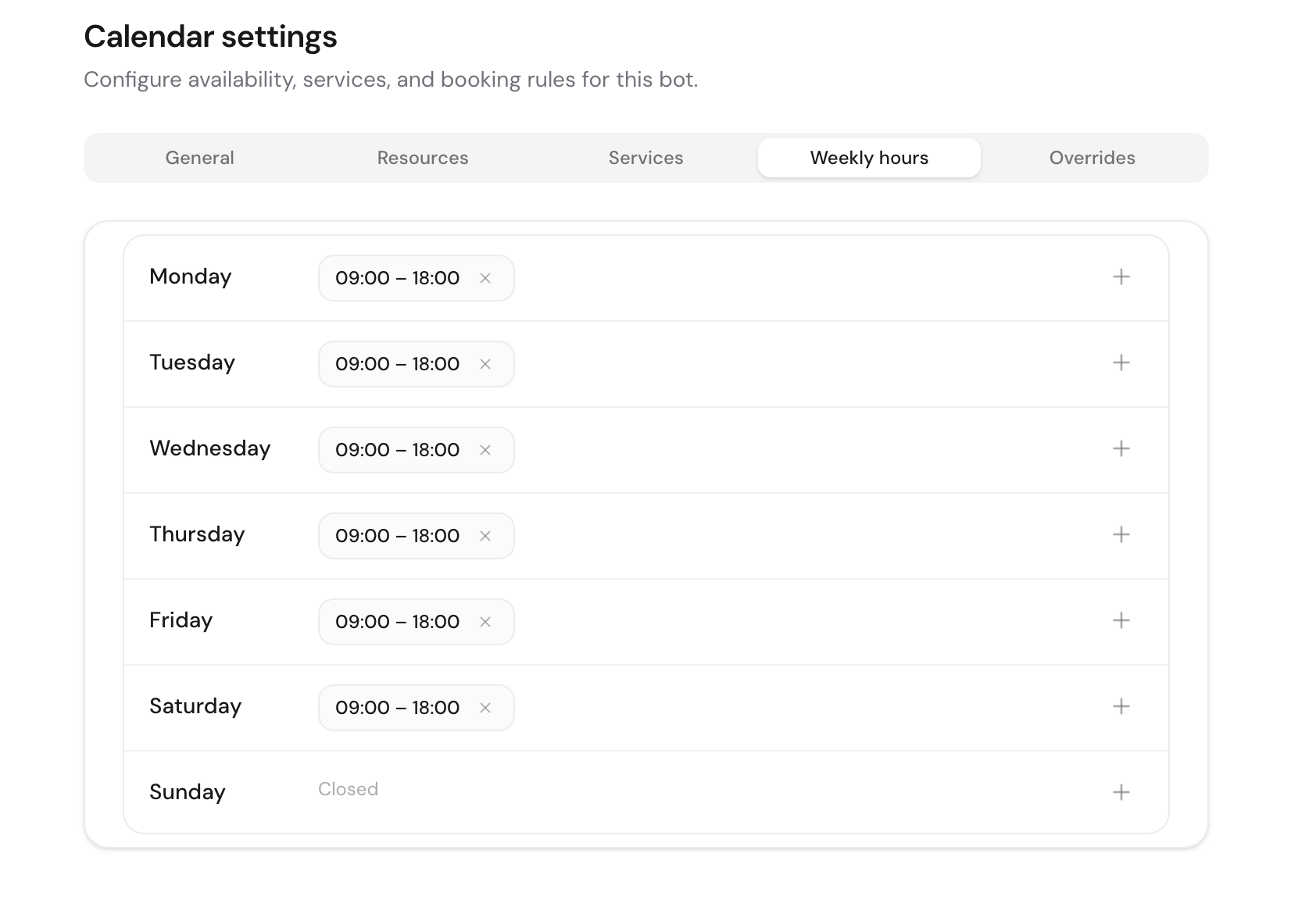 The Weekly hours tab with time ranges added for each day