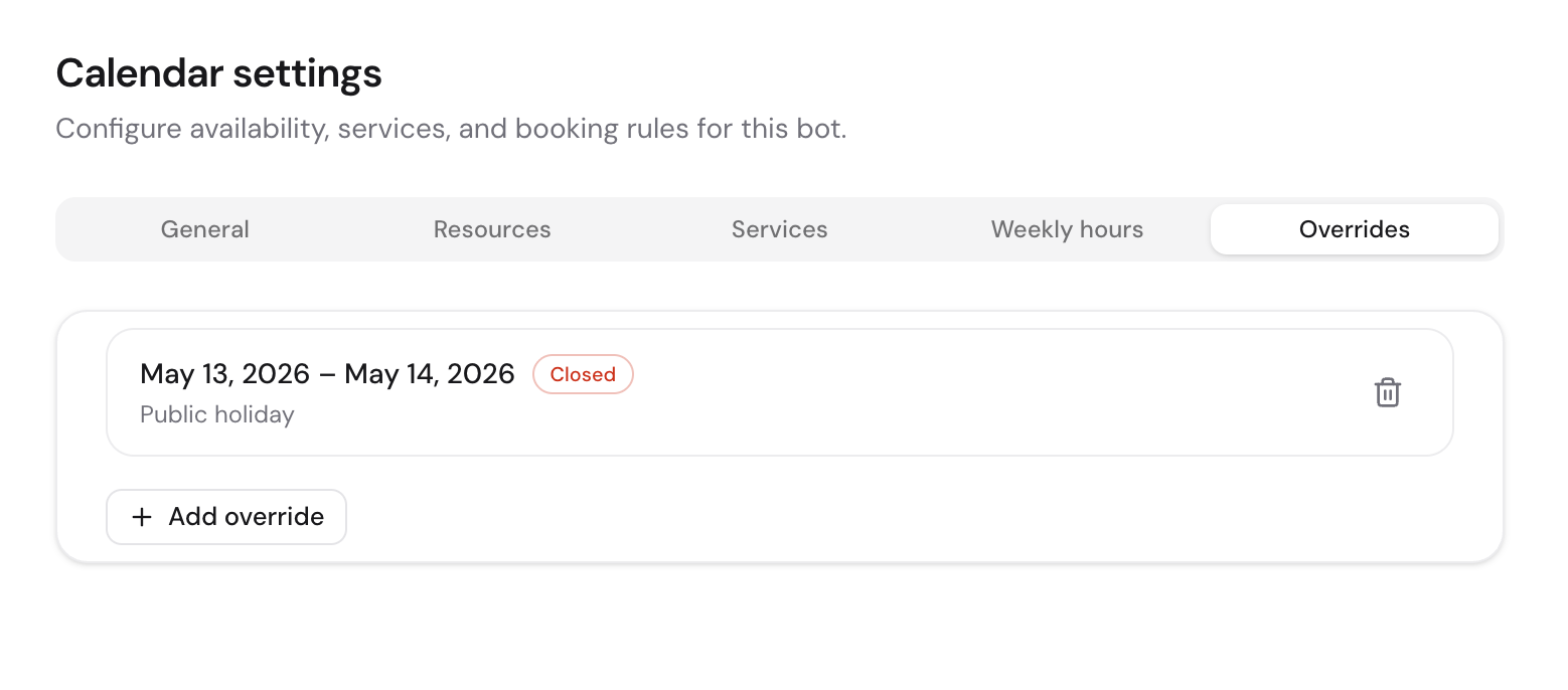 The Overrides tab with a date-specific override entry