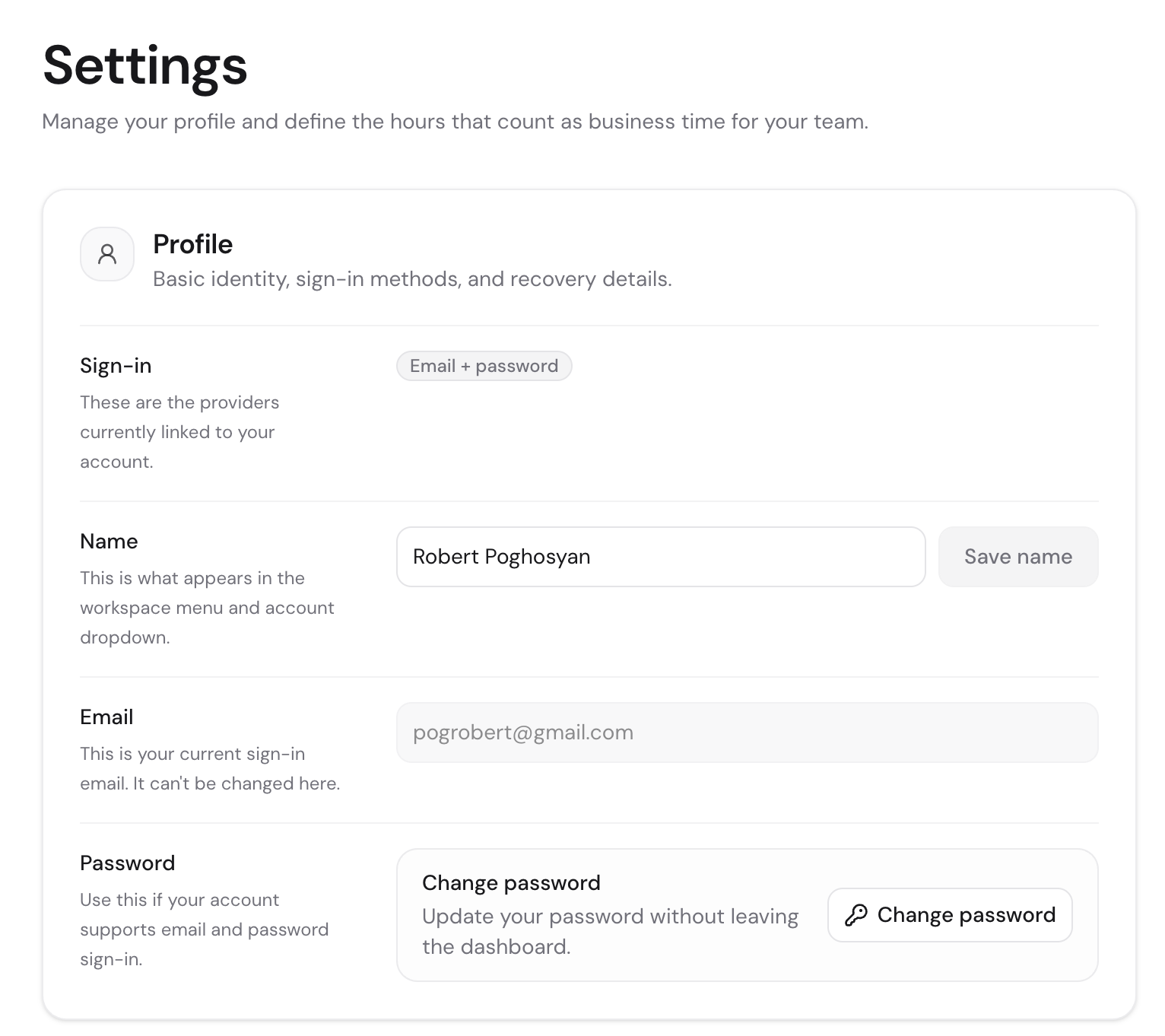 The Profile tab showing linked sign-in providers, name, and email