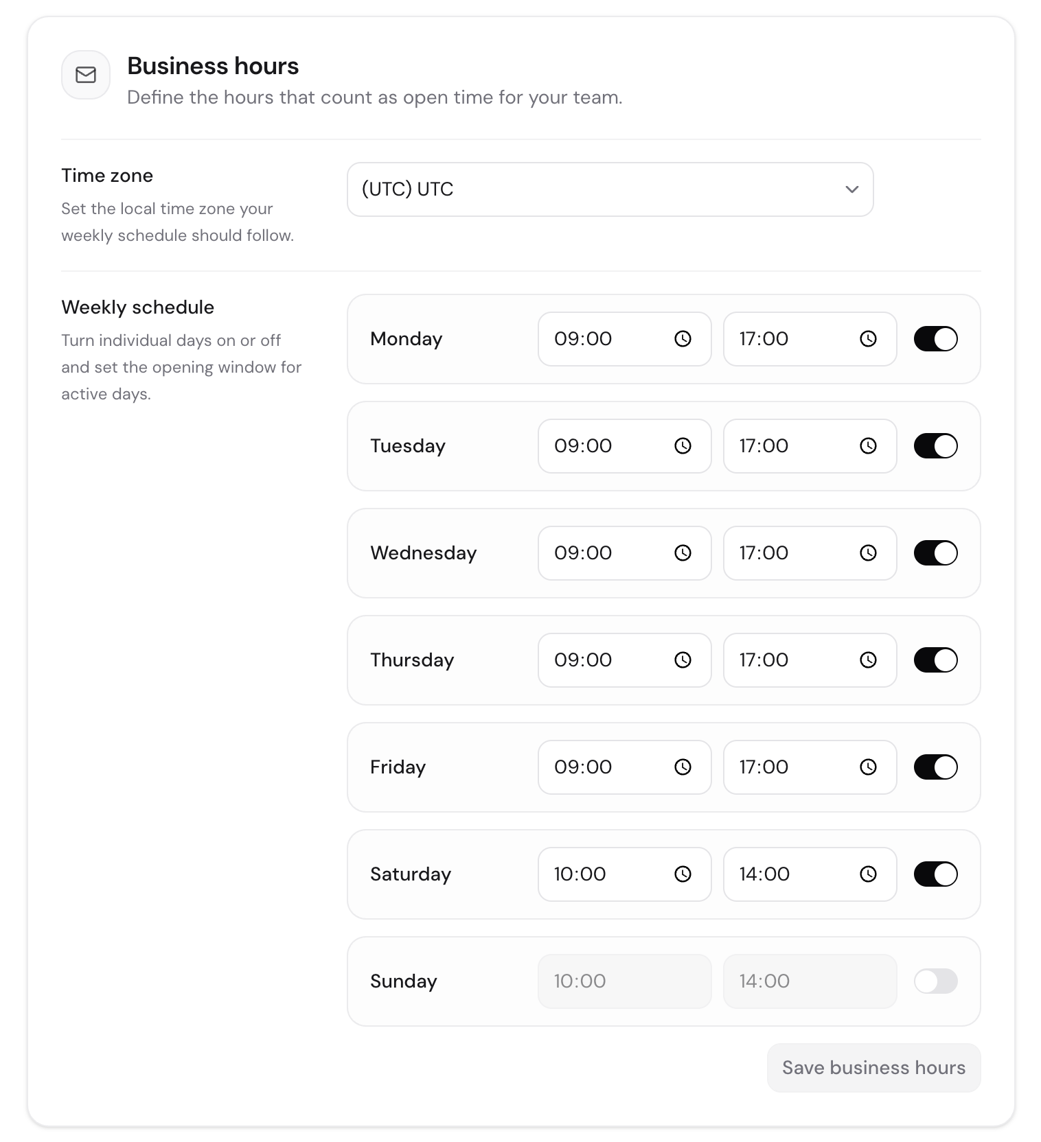 The Business hours tab with weekday toggles and time range inputs