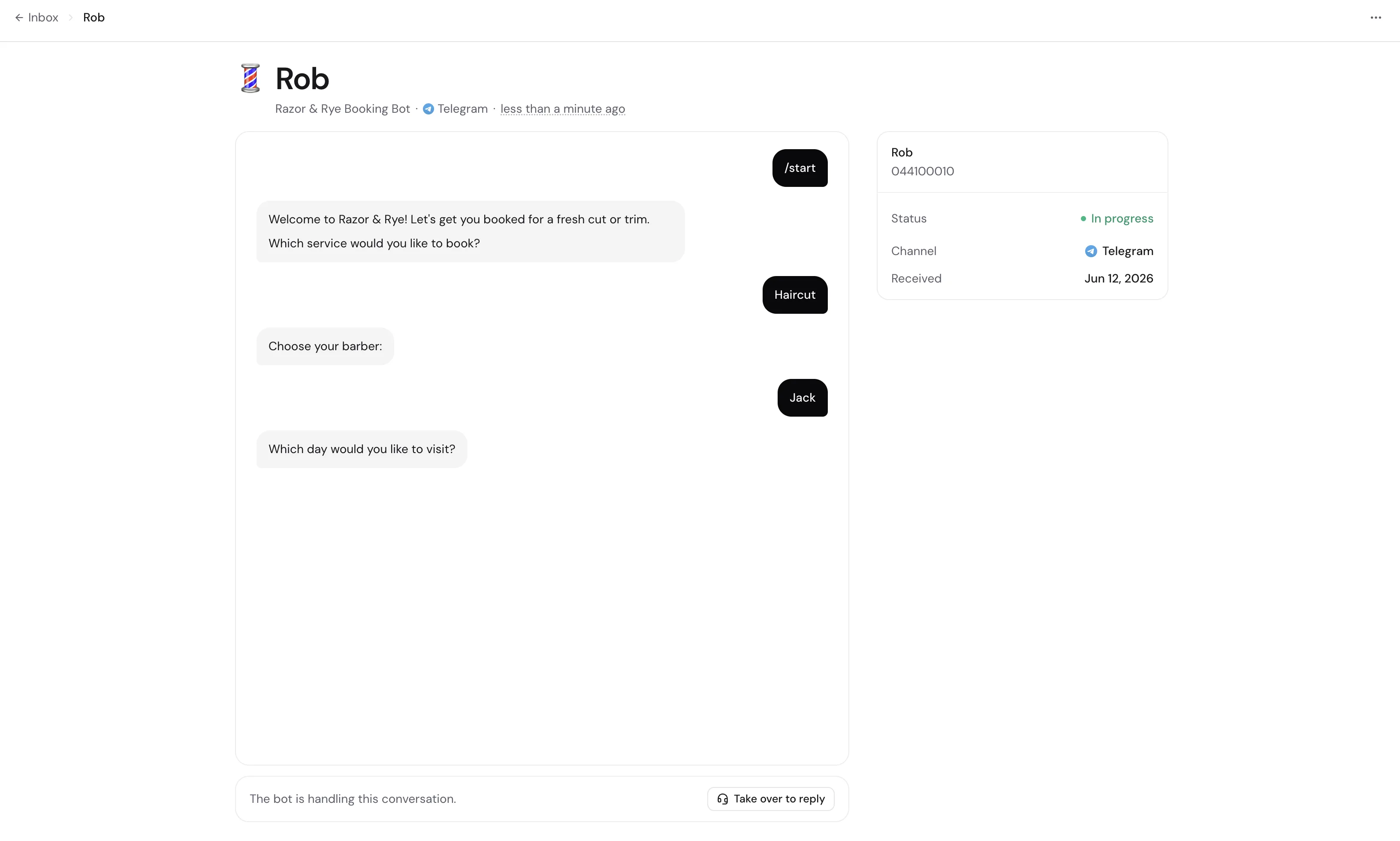 A live conversation in the inbox with the Take over to reply button next to the composer