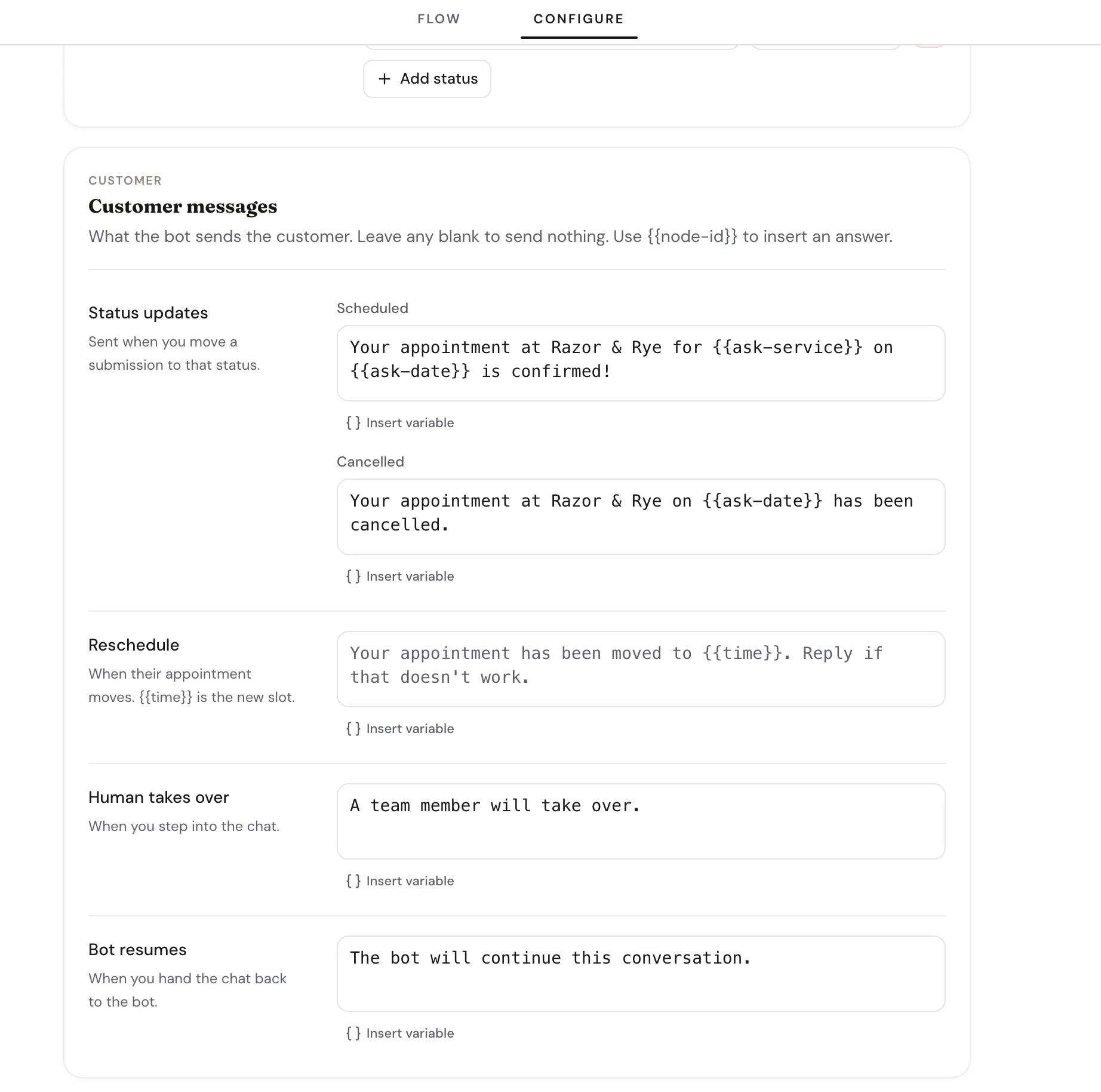 The Customer messages section of the Configure tab with the Human takes over and Bot resumes fields