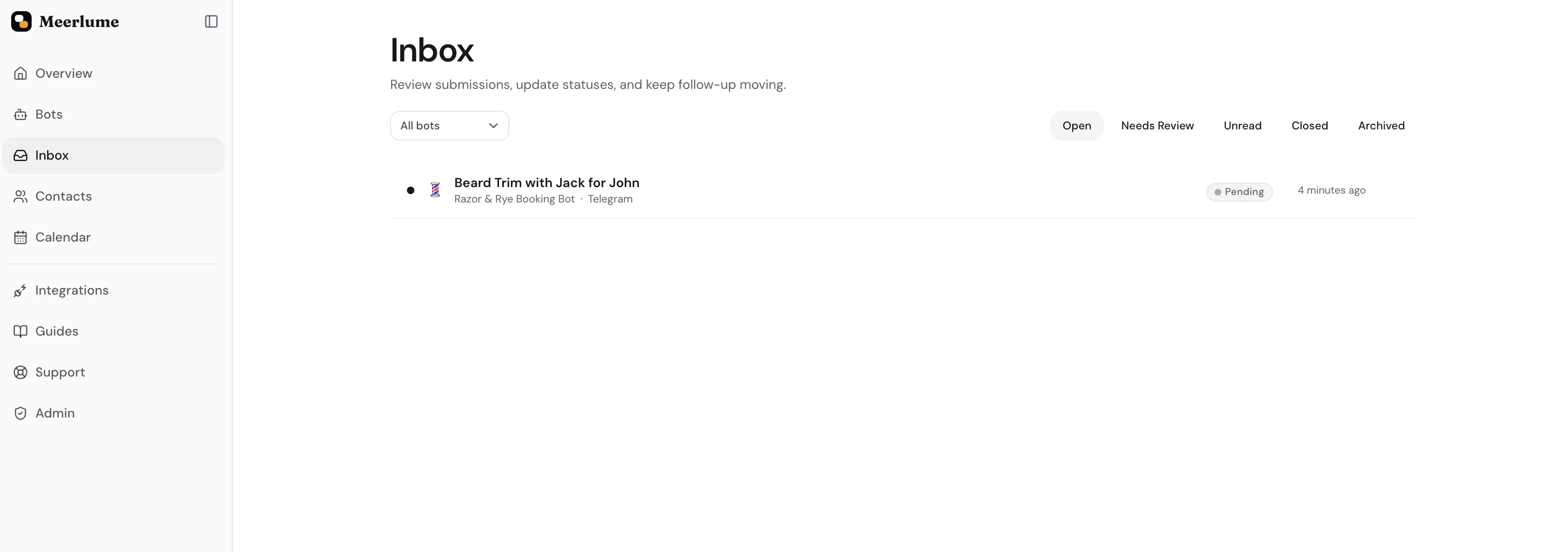 The inbox list with the Open, Needs Review, Unread, Closed, and Archived tabs