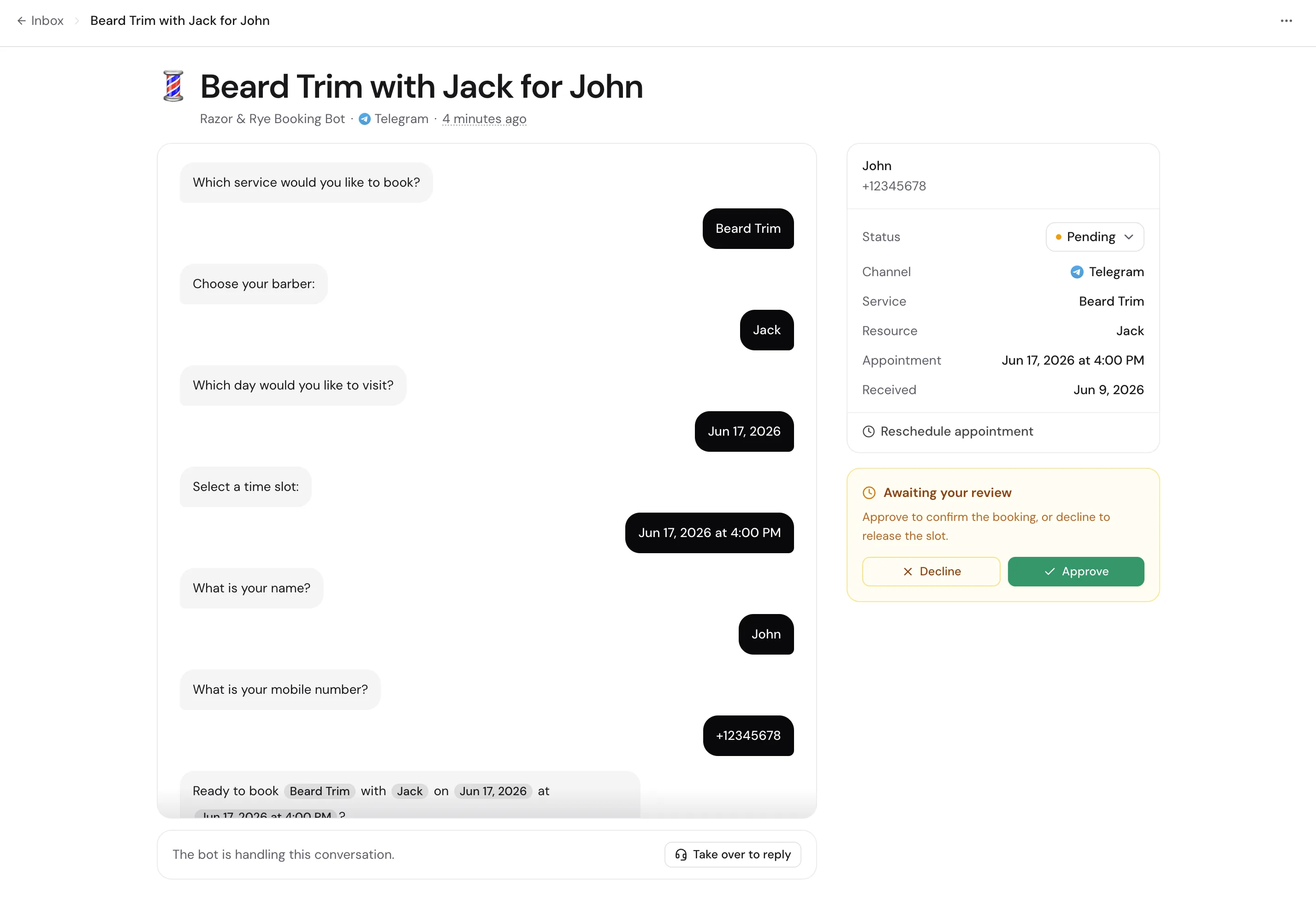 A submission open showing the conversation transcript and the details panel