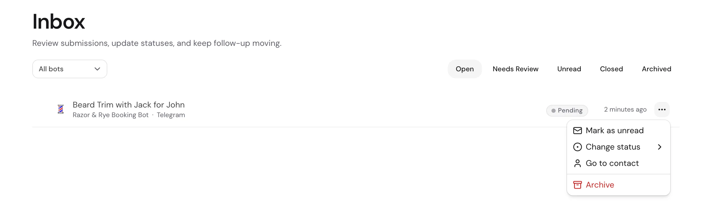 The row actions menu showing mark unread, change status, go to contact, and archive